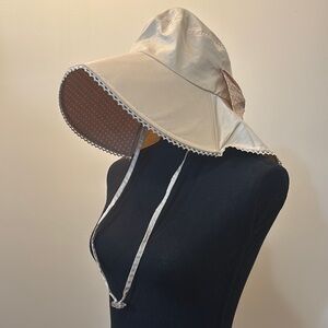 Women’s Floppy Sun Hat with‎ Ponytail Hole Cream Polka Dot Lace Wide Brim